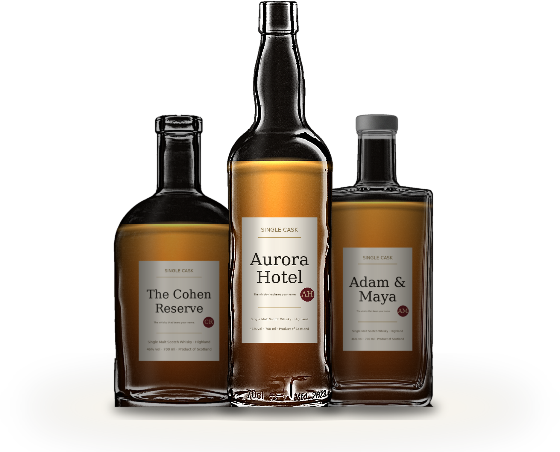 Three Lorochesky private-label single cask whisky bottles — The Cohen Reserve, Aurora Hotel, Adam & Maya.