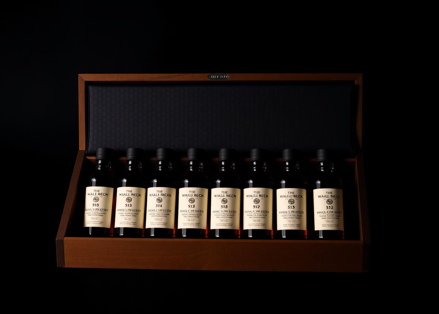 A wooden tasting box holding a row of 50ml whiskey samples